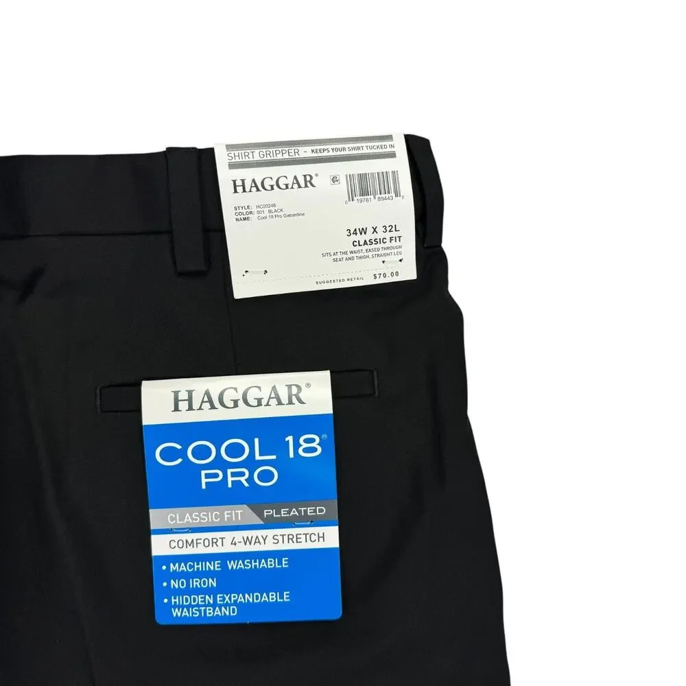 Haggar Mens Cool 18 Pro Classic Fit Pleated Stretch Dress Pants Black 34x32